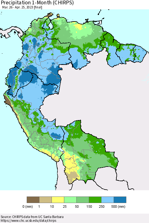 Northern South America Precipitation 1-Month (CHIRPS) Thematic Map For 3/26/2023 - 4/25/2023