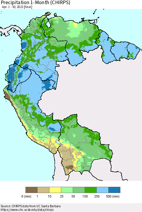 Northern South America Precipitation 1-Month (CHIRPS) Thematic Map For 4/1/2023 - 4/30/2023