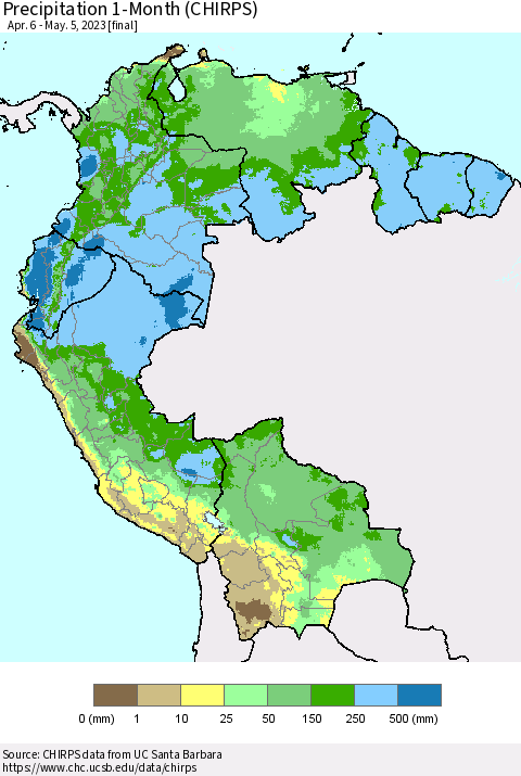 Northern South America Precipitation 1-Month (CHIRPS) Thematic Map For 4/6/2023 - 5/5/2023