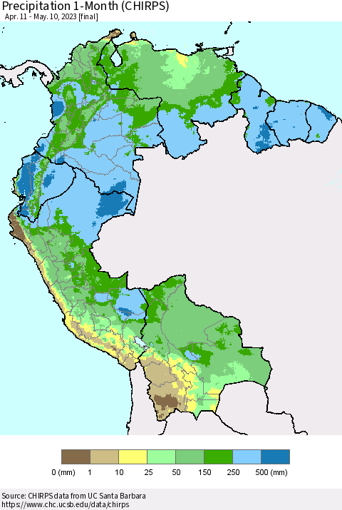 Northern South America Precipitation 1-Month (CHIRPS) Thematic Map For 4/11/2023 - 5/10/2023