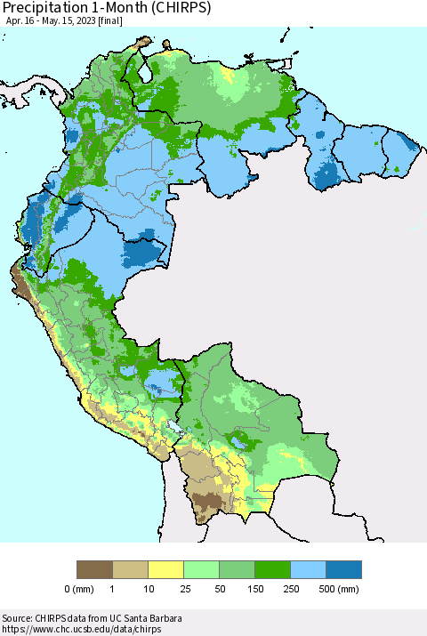 Northern South America Precipitation 1-Month (CHIRPS) Thematic Map For 4/16/2023 - 5/15/2023