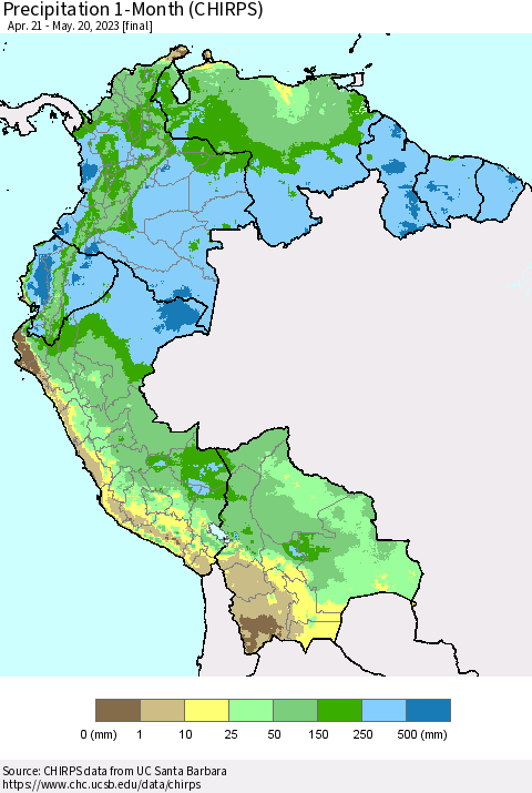 Northern South America Precipitation 1-Month (CHIRPS) Thematic Map For 4/21/2023 - 5/20/2023