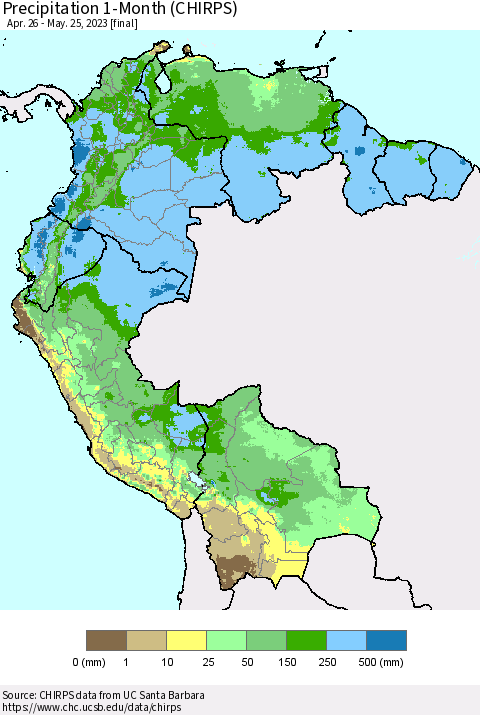 Northern South America Precipitation 1-Month (CHIRPS) Thematic Map For 4/26/2023 - 5/25/2023
