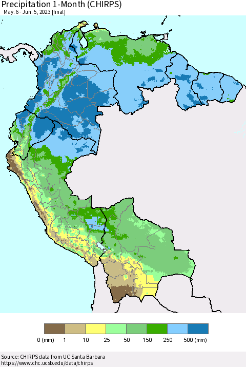 Northern South America Precipitation 1-Month (CHIRPS) Thematic Map For 5/6/2023 - 6/5/2023