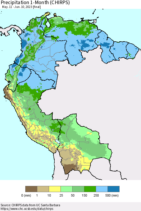 Northern South America Precipitation 1-Month (CHIRPS) Thematic Map For 5/11/2023 - 6/10/2023
