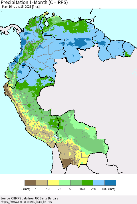Northern South America Precipitation 1-Month (CHIRPS) Thematic Map For 5/16/2023 - 6/15/2023