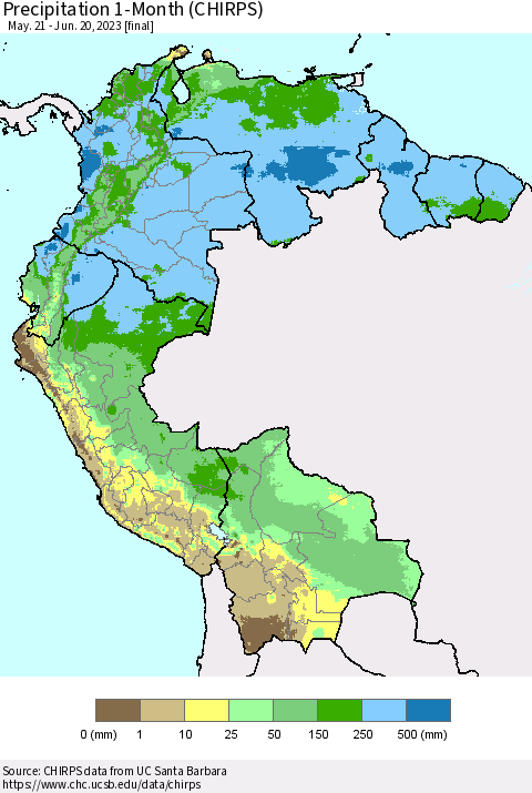 Northern South America Precipitation 1-Month (CHIRPS) Thematic Map For 5/21/2023 - 6/20/2023