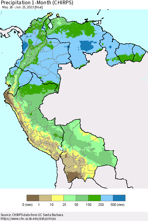 Northern South America Precipitation 1-Month (CHIRPS) Thematic Map For 5/26/2023 - 6/25/2023
