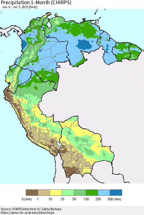 Northern South America Precipitation 1-Month (CHIRPS) Thematic Map For 6/6/2023 - 7/5/2023