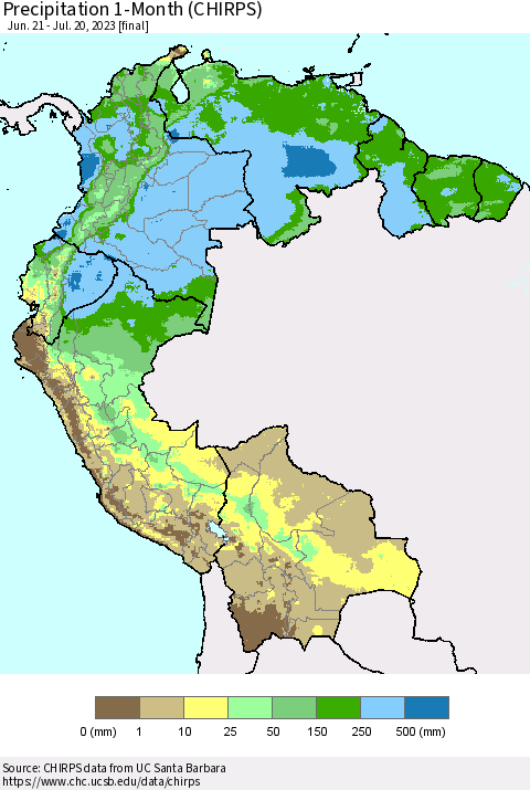 Northern South America Precipitation 1-Month (CHIRPS) Thematic Map For 6/21/2023 - 7/20/2023