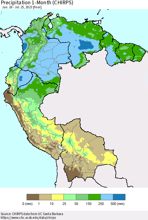 Northern South America Precipitation 1-Month (CHIRPS) Thematic Map For 6/26/2023 - 7/25/2023