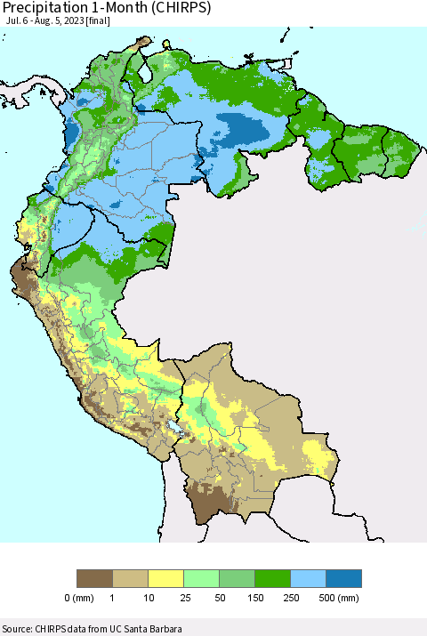 Northern South America Precipitation 1-Month (CHIRPS) Thematic Map For 7/6/2023 - 8/5/2023