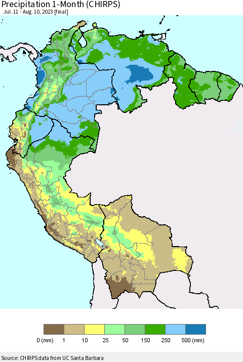 Northern South America Precipitation 1-Month (CHIRPS) Thematic Map For 7/11/2023 - 8/10/2023