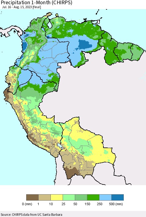 Northern South America Precipitation 1-Month (CHIRPS) Thematic Map For 7/16/2023 - 8/15/2023