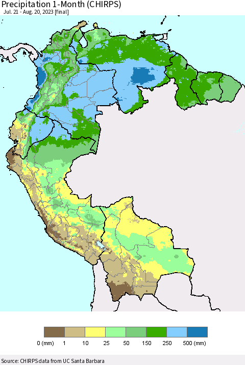 Northern South America Precipitation 1-Month (CHIRPS) Thematic Map For 7/21/2023 - 8/20/2023