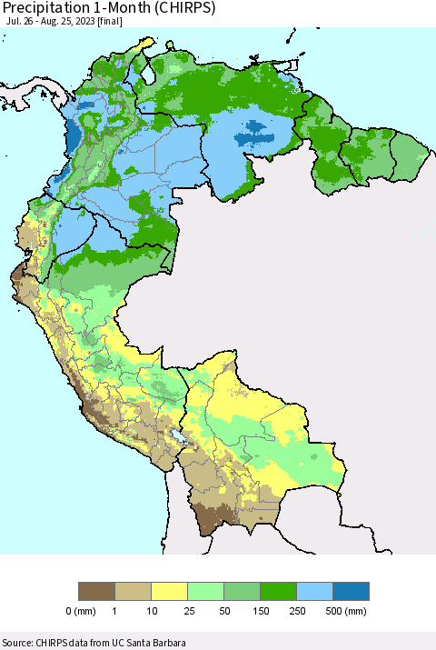 Northern South America Precipitation 1-Month (CHIRPS) Thematic Map For 7/26/2023 - 8/25/2023