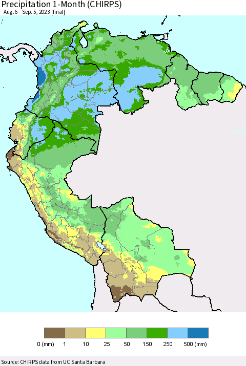 Northern South America Precipitation 1-Month (CHIRPS) Thematic Map For 8/6/2023 - 9/5/2023