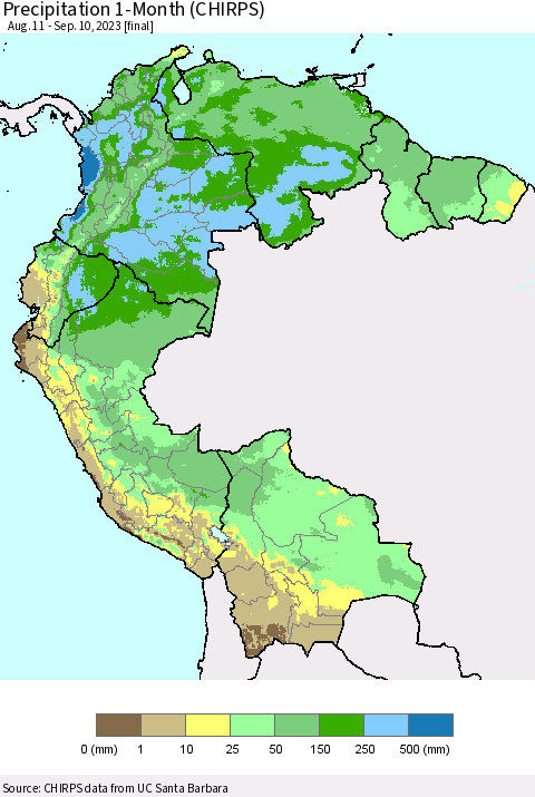 Northern South America Precipitation 1-Month (CHIRPS) Thematic Map For 8/11/2023 - 9/10/2023