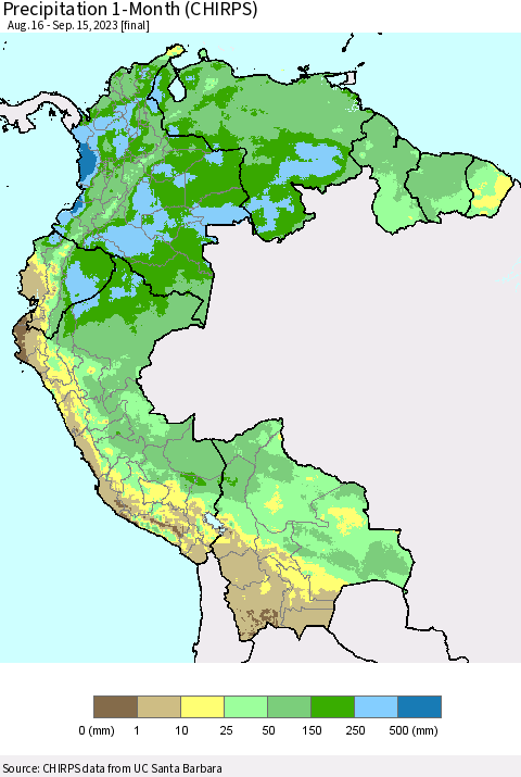 Northern South America Precipitation 1-Month (CHIRPS) Thematic Map For 8/16/2023 - 9/15/2023
