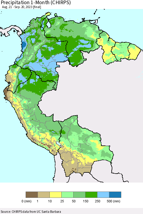 Northern South America Precipitation 1-Month (CHIRPS) Thematic Map For 8/21/2023 - 9/20/2023