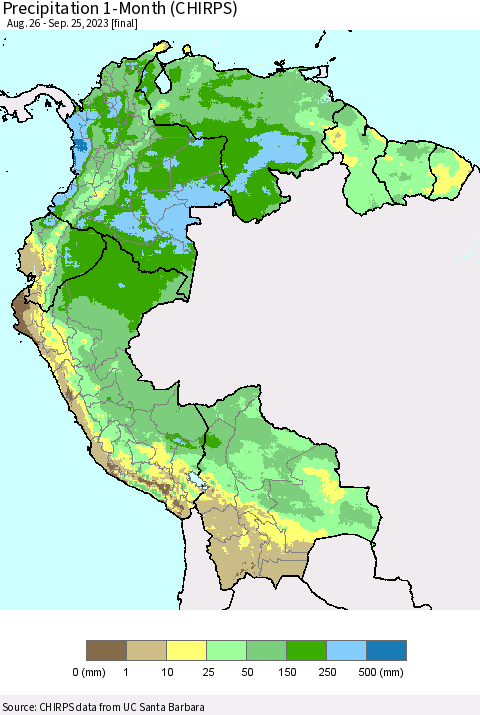 Northern South America Precipitation 1-Month (CHIRPS) Thematic Map For 8/26/2023 - 9/25/2023
