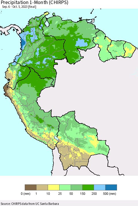 Northern South America Precipitation 1-Month (CHIRPS) Thematic Map For 9/6/2023 - 10/5/2023