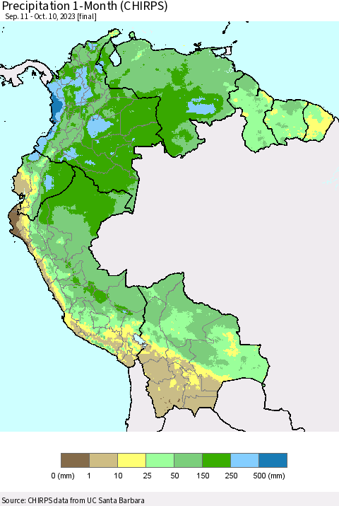 Northern South America Precipitation 1-Month (CHIRPS) Thematic Map For 9/11/2023 - 10/10/2023