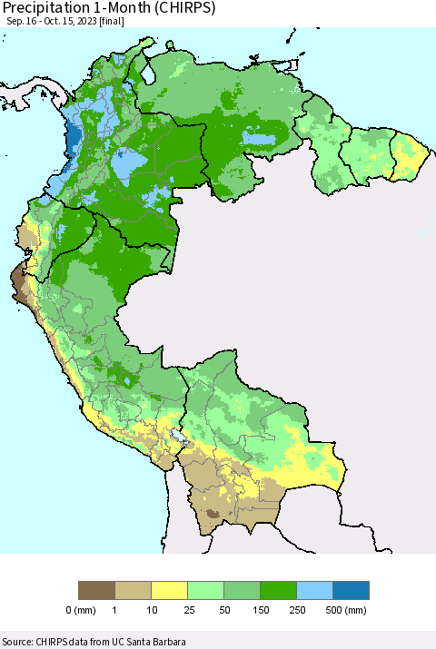 Northern South America Precipitation 1-Month (CHIRPS) Thematic Map For 9/16/2023 - 10/15/2023