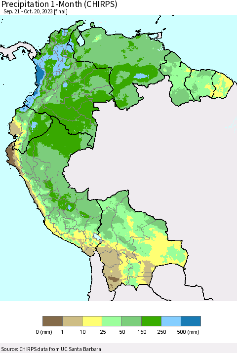 Northern South America Precipitation 1-Month (CHIRPS) Thematic Map For 9/21/2023 - 10/20/2023