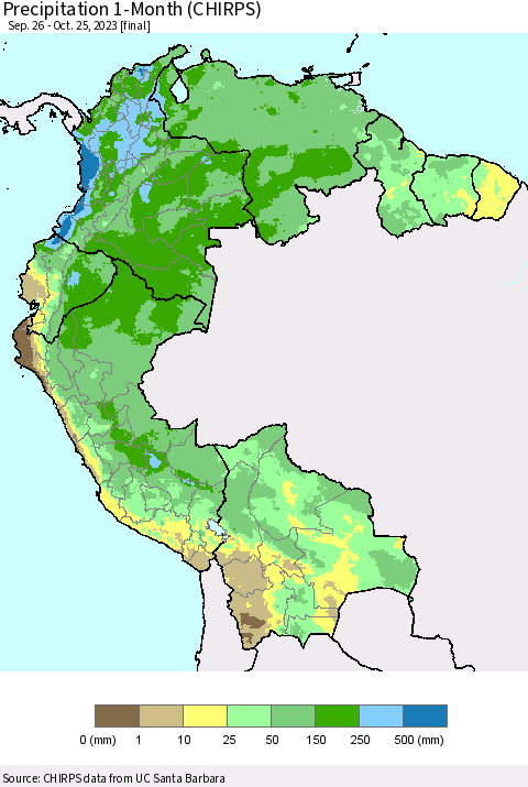 Northern South America Precipitation 1-Month (CHIRPS) Thematic Map For 9/26/2023 - 10/25/2023