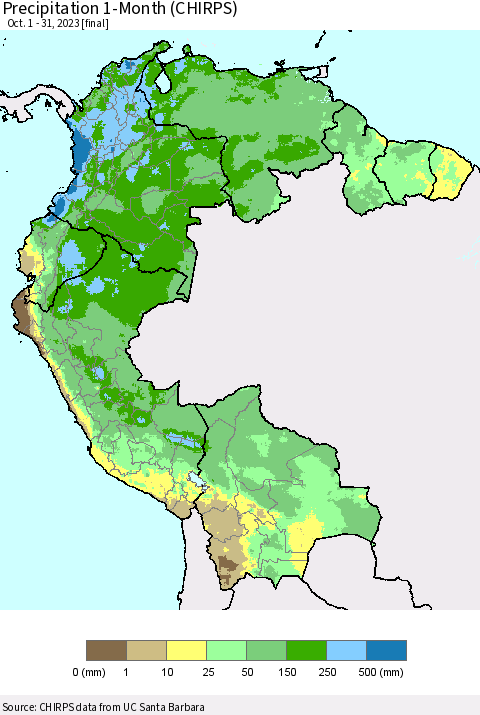 Northern South America Precipitation 1-Month (CHIRPS) Thematic Map For 10/1/2023 - 10/31/2023