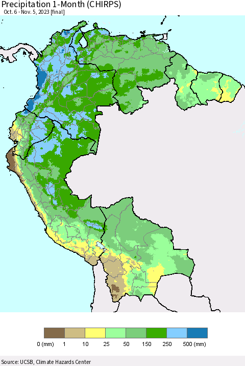 Northern South America Precipitation 1-Month (CHIRPS) Thematic Map For 10/6/2023 - 11/5/2023