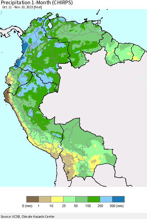 Northern South America Precipitation 1-Month (CHIRPS) Thematic Map For 10/11/2023 - 11/10/2023