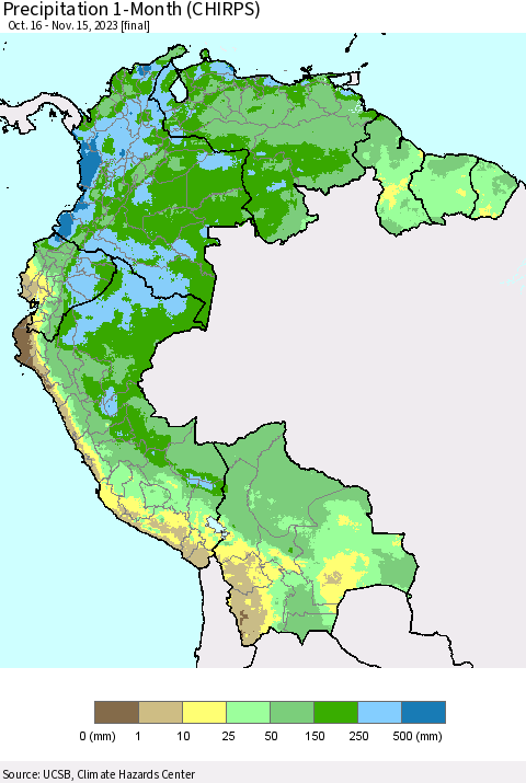 Northern South America Precipitation 1-Month (CHIRPS) Thematic Map For 10/16/2023 - 11/15/2023