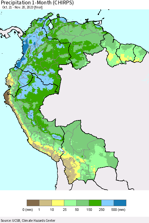 Northern South America Precipitation 1-Month (CHIRPS) Thematic Map For 10/21/2023 - 11/20/2023