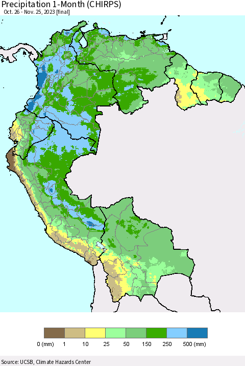 Northern South America Precipitation 1-Month (CHIRPS) Thematic Map For 10/26/2023 - 11/25/2023