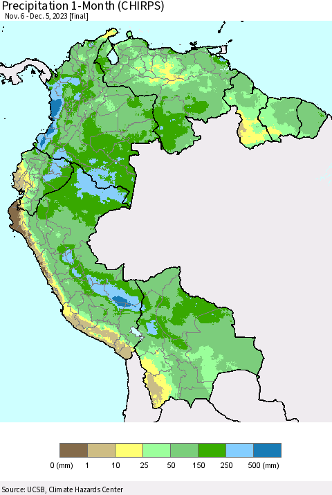 Northern South America Precipitation 1-Month (CHIRPS) Thematic Map For 11/6/2023 - 12/5/2023
