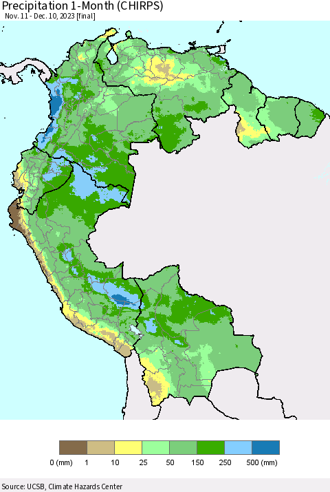 Northern South America Precipitation 1-Month (CHIRPS) Thematic Map For 11/11/2023 - 12/10/2023