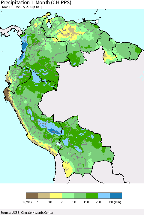 Northern South America Precipitation 1-Month (CHIRPS) Thematic Map For 11/16/2023 - 12/15/2023