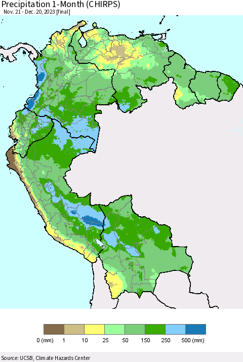 Northern South America Precipitation 1-Month (CHIRPS) Thematic Map For 11/21/2023 - 12/20/2023