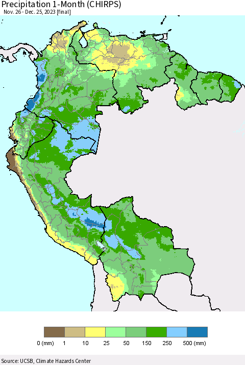 Northern South America Precipitation 1-Month (CHIRPS) Thematic Map For 11/26/2023 - 12/25/2023