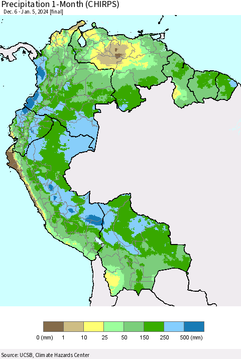 Northern South America Precipitation 1-Month (CHIRPS) Thematic Map For 12/6/2023 - 1/5/2024