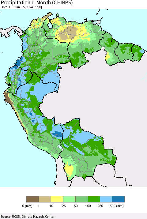 Northern South America Precipitation 1-Month (CHIRPS) Thematic Map For 12/16/2023 - 1/15/2024