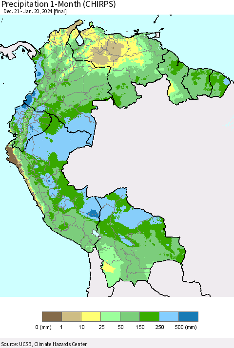 Northern South America Precipitation 1-Month (CHIRPS) Thematic Map For 12/21/2023 - 1/20/2024