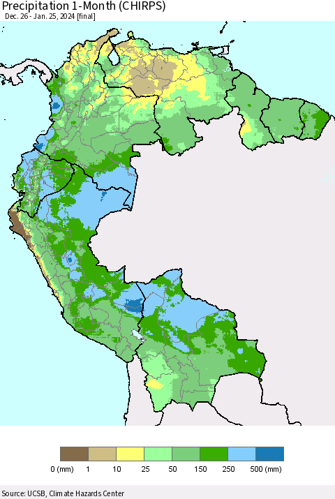 Northern South America Precipitation 1-Month (CHIRPS) Thematic Map For 12/26/2023 - 1/25/2024