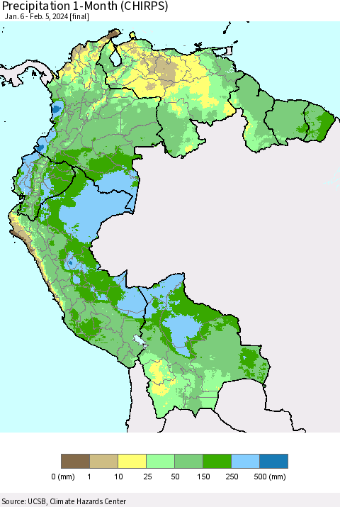 Northern South America Precipitation 1-Month (CHIRPS) Thematic Map For 1/6/2024 - 2/5/2024