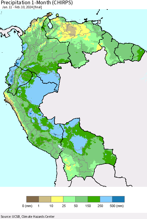 Northern South America Precipitation 1-Month (CHIRPS) Thematic Map For 1/11/2024 - 2/10/2024