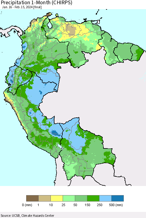 Northern South America Precipitation 1-Month (CHIRPS) Thematic Map For 1/16/2024 - 2/15/2024