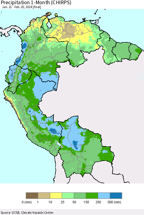 Northern South America Precipitation 1-Month (CHIRPS) Thematic Map For 1/21/2024 - 2/20/2024