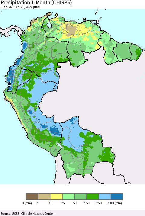 Northern South America Precipitation 1-Month (CHIRPS) Thematic Map For 1/26/2024 - 2/25/2024